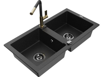MEXEN/S - Mario granitový dřez 2-bowl včetně baterie Flora, černá/stříbrná metalik 6504-73-670401-57-B