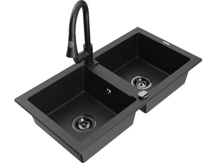 MEXEN/S - Mario granitový dřez 2-bowl včetně baterie Elia, černá/stříbrná metalik 6504-73-670101-70-B