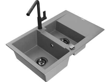 MEXEN/S - Gaspar granitový dřez 1.5 s odkapávačem včetně baterie Flora, šedá 6507-71-670401-70-B