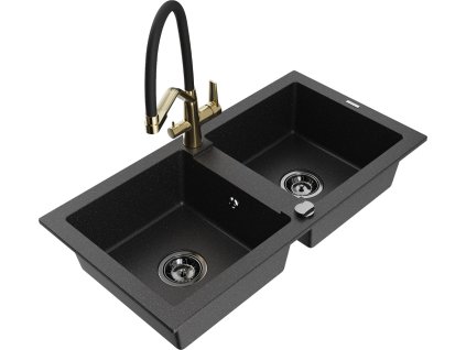 MEXEN/S - Mario granitový dřez 2-bowly včetně baterie Duo, černá/stříbrná metalik 6504-73-671701-57-B