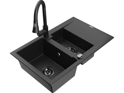 MEXEN/S - Gaspar granitový dřez 1.5 s odkapávačem včetně baterie Elia, černá/stříbrná 6507-73-670101-70-B