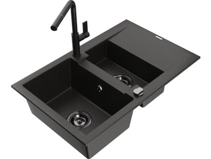 MEXEN/S - Gaspar granitový dřez 1.5 s odkapávačem včetně baterie Flora, černá/zlatá 6507-75-670401-70-B