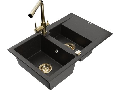 MEXEN/S - Gaspar granitový dřez 1.5 s odkapávačem včetně baterie Duero, černá/zlatá metalik 6507-75-671600-50