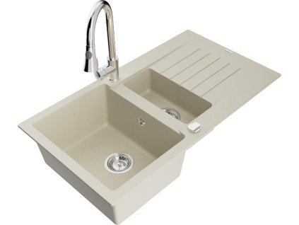 MEXEN/S - Matias granitový dřez 1.5 s odkapávačem včetně baterie Elia, bílá 6502-69-670101-00