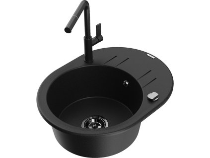 MEXEN/S - Kevin granitový dřez 1-miska s odkapávačem včetně baterie Flora, černá 6517-77-670401-70-B