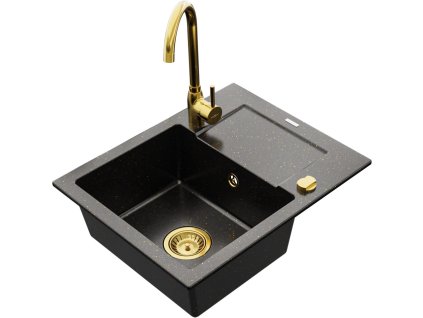 MEXEN/S - Enzo granitový dřez 1 s odkapávačem včetně baterie Telma, černá/zlatý 6506-75-670200-50