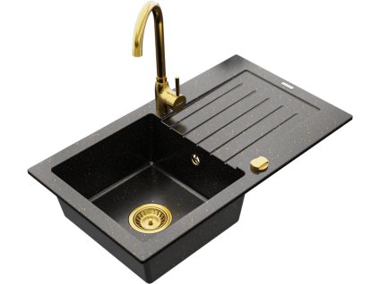 MEXEN/S - Pablo granitový dřez 1 s odkapávačem včetně baterie Telma, černá/zlatý 6510-75-670200-50