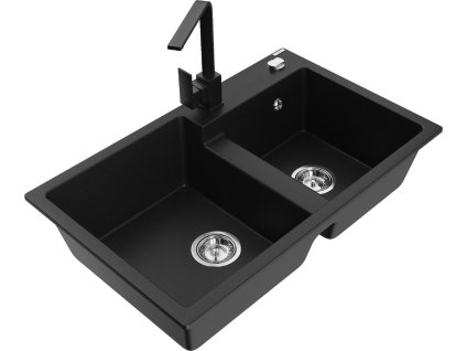 MEXEN/S - Tomas granitový dřez 2-bowl včetně baterie Rita, černá 6516-77-670300-70