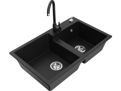 MEXEN/S - Tomas granitový dřez 2-bowl včetně baterie Telma, černá 6516-77-670200-70