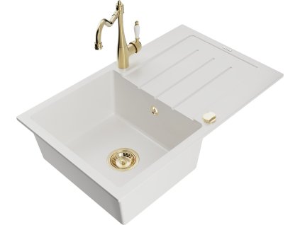 MEXEN/S - Bruno granitový dřez 1-miska s odkapávačem včetně baterie Carla, bílá 6513-20-670700-50