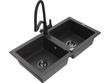 MEXEN/S - Mario granitový dřez 2-bowly včetně baterie Duo, černá kropenatá 6504-76-671701-70-B