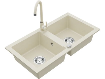MEXEN/S - Mario granitový dřez 2-bowl včetně baterie Telma, béžováy 6504-69-670200-69