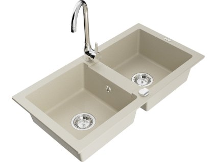 MEXEN/S - Mario granitový dřez 2-bowl včetně baterie Telma, béžová 6504-69-670200-00