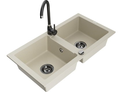 MEXEN/S - Mario granitový dřez 2-bowl včetně baterie Telma, béžová 6504-69-670200-70