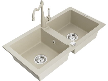 MEXEN/S - Mario granitový dřez 2-bowl včetně baterie Carla, béžová 6504-69-670700-69