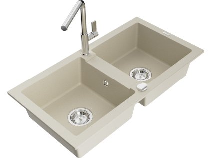 MEXEN/S - Mario granitový dřez 2-bowl včetně baterie Flora, béžová 6504-69-670401-00