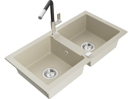 MEXEN/S - Mario granitový dřez 2-bowl včetně baterie Flora, béžová 6504-69-670401-07