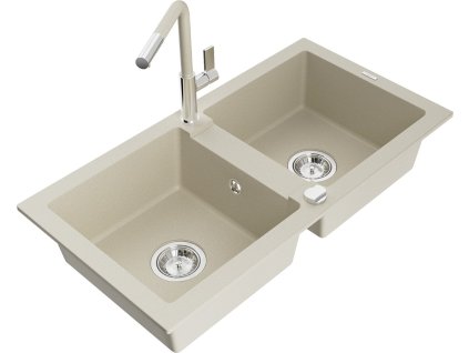 MEXEN/S - Mario granitový dřez 2-bowl včetně baterie Flora, béžová 6504-69-670401-09