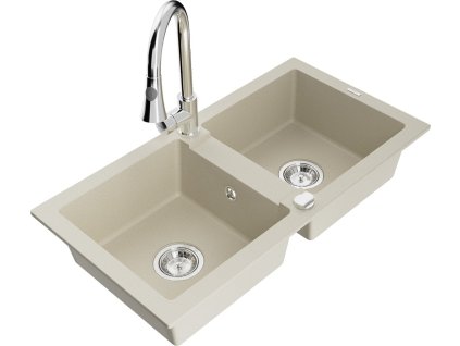MEXEN/S - Mario granitový dřez 2-bowl včetně baterie Elia, béžová 6504-69-670101-00