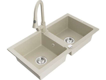 MEXEN/S - Mario granitový dřez 2-bowl včetně baterie Elia, béžová 6504-69-670101-69