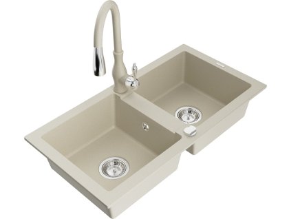 MEXEN/S - Mario granitový dřez 2-bowly včetně baterie Savita, béžová 6504-69-672601-69
