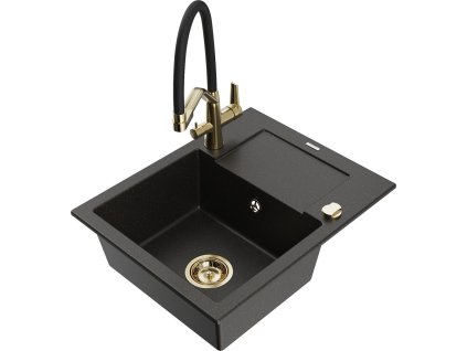 MEXEN/S - Enzo granitový dřez s odkapávačem včetně baterie Duo, černá/zlatá metalik 6506-75-671701-57-G