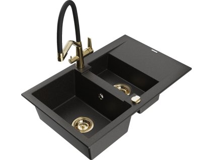 MEXEN/S - Gaspar granitový dřez 1.5 s odkapávačem včetně baterie Duo, černá/zlatá metalik 6507-75-671701-57-G