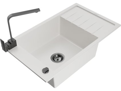 MEXEN/S - Elias granitový dřez 1-miska s odkapávačem včetně baterie Rita, bílá 6511-20-670300-70
