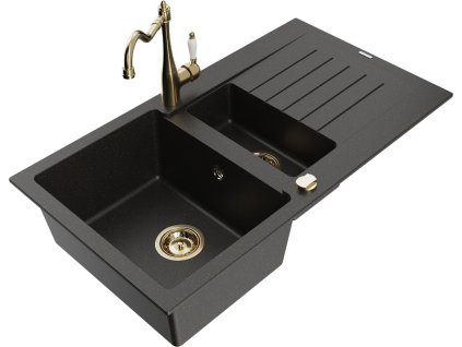 MEXEN/S - Matias granitový dřez 1.5 s odkapávačem včetně baterie Carla, černá/zlatá metalik 6502-75-670700-50