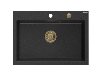 MEXEN/S - Elix granitový dřez 1-miska 700 x 500 mm, černá/stříbrná metalik, sifon zlatá 6526701005-73-G