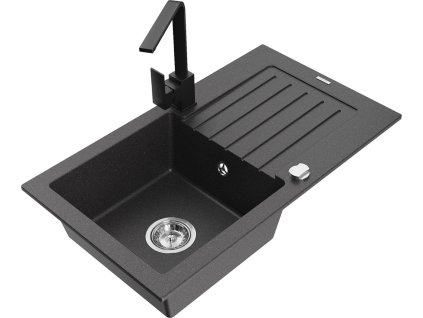 MEXEN/S - Pablo granitový dřez 1-miska s odkapávačem včetně baterie Rita, černý kropenatý 6510-76-670300-70