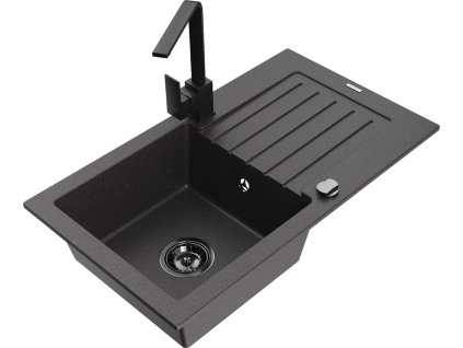 MEXEN/S - Pablo granitový dřez 1-miska s odkapávačem včetně baterie Rita, černý kropenatý 6510-76-670300-70-B