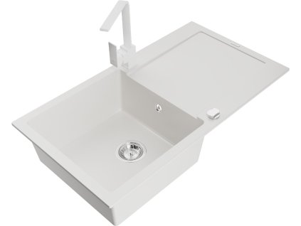 MEXEN/S - Leo granitový dřez 1-miska s odkapávačem včetně baterie Rita, bílá 6501-20-670300-20