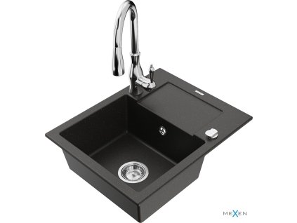 MEXEN/S - Enzo granitový dřez 1 s odkapávačem včetně baterie Savita, černá/zlatá metalik 6506-75-672601-00