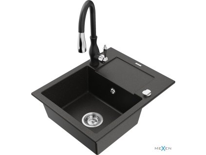 MEXEN/S - Enzo granitový dřez 1 s odkapávačem včetně baterie Savita, černá/zlatá metalik 6506-75-672601-70