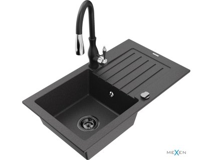 MEXEN/S - Pablo granitový dřez 1 s odkapávačem včetně baterie Savita, černá kropenatá 6510-76-672601-70-B