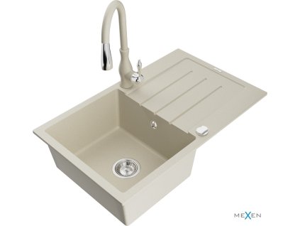 MEXEN/S - Bruno granitový dřez 1 s odkapávačem včetně baterie Savita, béžová 6513-69-672601-69