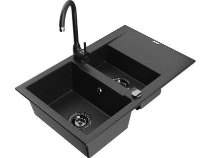 MEXEN/S - Gaspar granitový dřez 1.5 s odkapávačem včetně baterie Telma, černá/stříbrná 6507-73-670200-70-B
