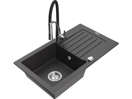 MEXEN/S - Pablo granitový dřez 1 s odkapávačem včetně baterie Aster, černá kropenatá 6510-76-73450-07