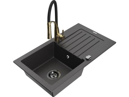 MEXEN/S - Pablo granitový dřez 1 s odkapávačem včetně baterie Aster, černá kropenatá 6510-76-73450-57-B