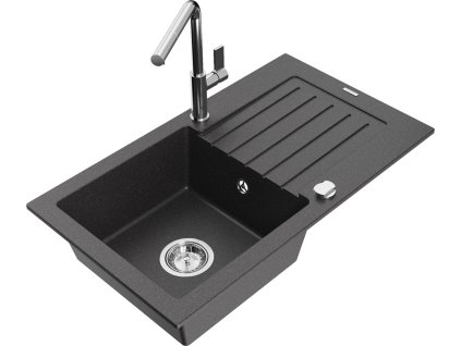 MEXEN/S - Pablo granitový dřez 1 s odkapávačem včetně baterie Flora, černá kropenatá 6510-76-670401-00