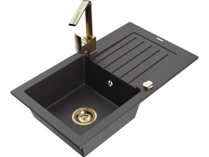 MEXEN/S - Pablo granitový dřez 1-miska s odkapávačem včetně baterie Rita, černý kropenatý 6510-76-670300-50