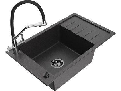 MEXEN/S - Elias granitový dřez s odkapávačem včetně baterie Duo, černá kropenatá 6511-76-671701-07-B
