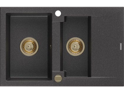 MEXEN/S - Gaspar granitový dřez 1.5 s odkapávačem 737 x 475 mm, černý kropenatý, zlatý sifon 6507731505-76-G