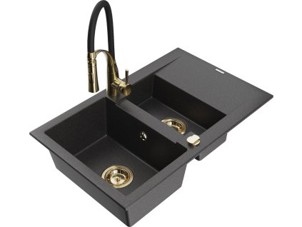 MEXEN/S - Gaspar granitový dřez 1.5 s odkapávačem včetně baterie Aster, černá kropenatá 6507-76-73450-57-G