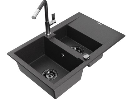 MEXEN/S - Gaspar granitový dřez 1.5 s odkapávačem včetně baterie Flora, černá kropenatá 6507-76-670401-08-B