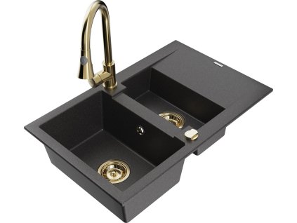 MEXEN/S - Gaspar granitový dřez 1.5 s odkapávačem včetně baterie Elia, černá kropenatá 6507-76-670101-50