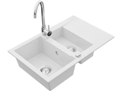 MEXEN/S - Gaspar granitový dřez 1.5 s odkapávačem včetně baterie Telma, bílá 6507-20-670200-00