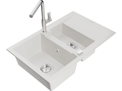 MEXEN/S - Gaspar granitový dřez 1.5 s odkapávačem včetně baterie Flora, bílá 6507-20-670401-00