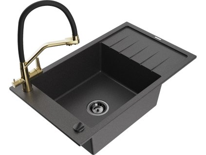 MEXEN/S - Elias granitový dřez s odkapávačem včetně baterie Duo, černá kropenatá 6511-76-671701-57-B